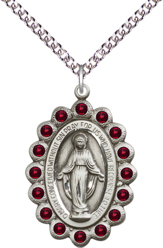 Sterling Silver Miraculous Pendant with Garnet Swarovski stones on a 24 inch Sterling Silver Heavy Curb chain