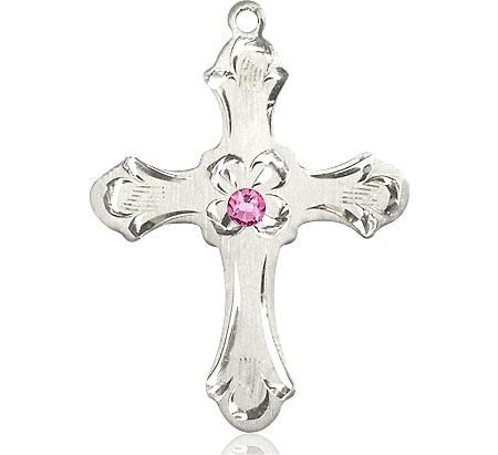 Sterling Silver Cross Medal with a 3mm Rose Swarovski stone