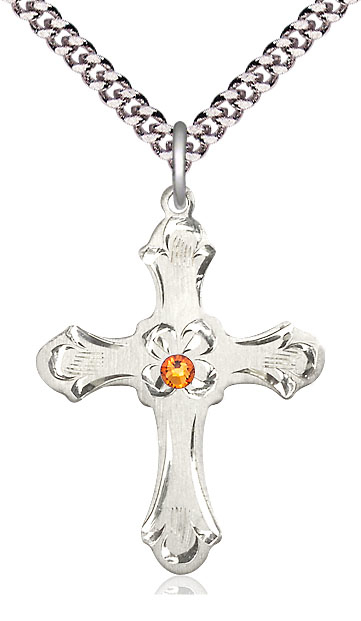 Sterling Silver Cross Pendant with a 3mm Topaz Swarovski stone on a 24 inch Light Rhodium Heavy Curb chain