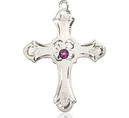 Sterling Silver Cross Medal with a 3mm Amethyst Swarovski stone