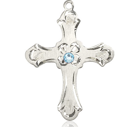 Sterling Silver Cross Medal with a 3mm Aqua Swarovski stone