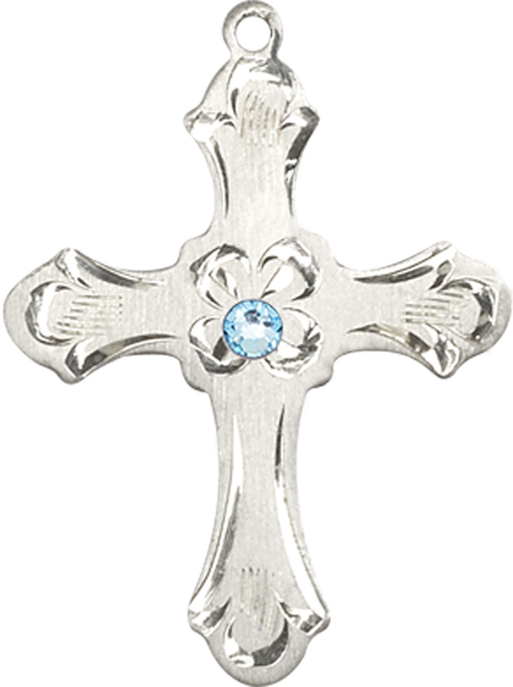 Sterling Silver Cross Medal with a 3mm Aqua Swarovski stone