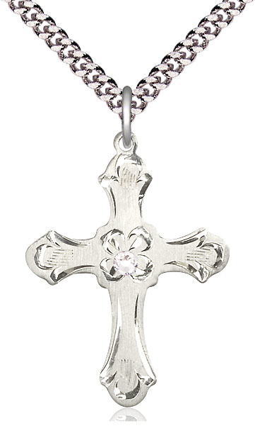 Sterling Silver Cross Pendant with a 3mm Crystal Swarovski stone on a 24 inch Light Rhodium Heavy Curb chain