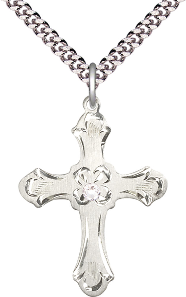 Sterling Silver Cross Pendant with a 3mm Crystal Swarovski stone on a 24 inch Light Rhodium Heavy Curb chain