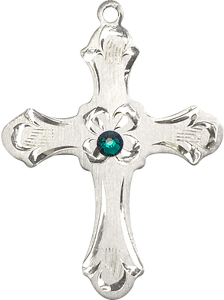 Sterling Silver Cross Medal with a 3mm Emerald Swarovski stone