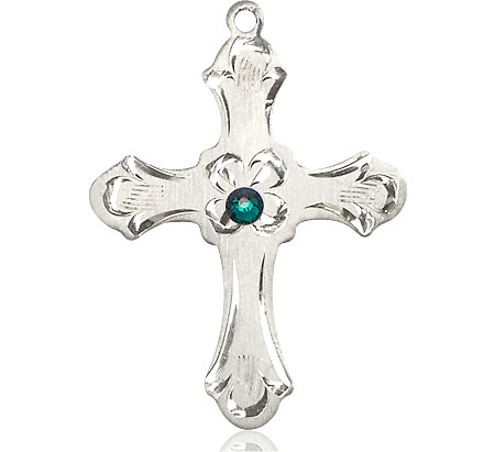 Sterling Silver Cross Medal with a 3mm Emerald Swarovski stone