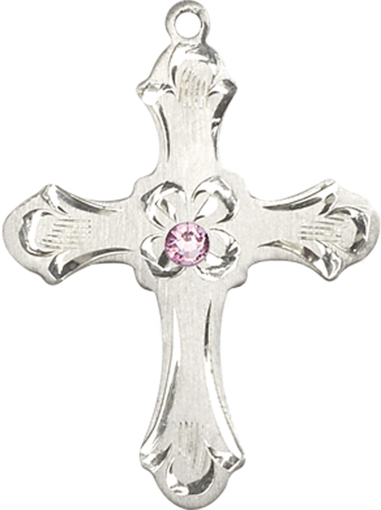 Sterling Silver Cross Medal with a 3mm Light Amethyst Swarovski stone