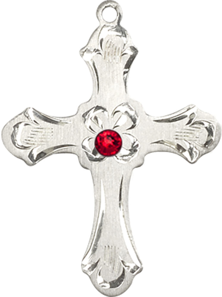 Sterling Silver Cross Medal with a 3mm Ruby Swarovski stone