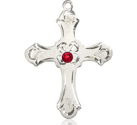 Sterling Silver Cross Medal with a 3mm Ruby Swarovski stone