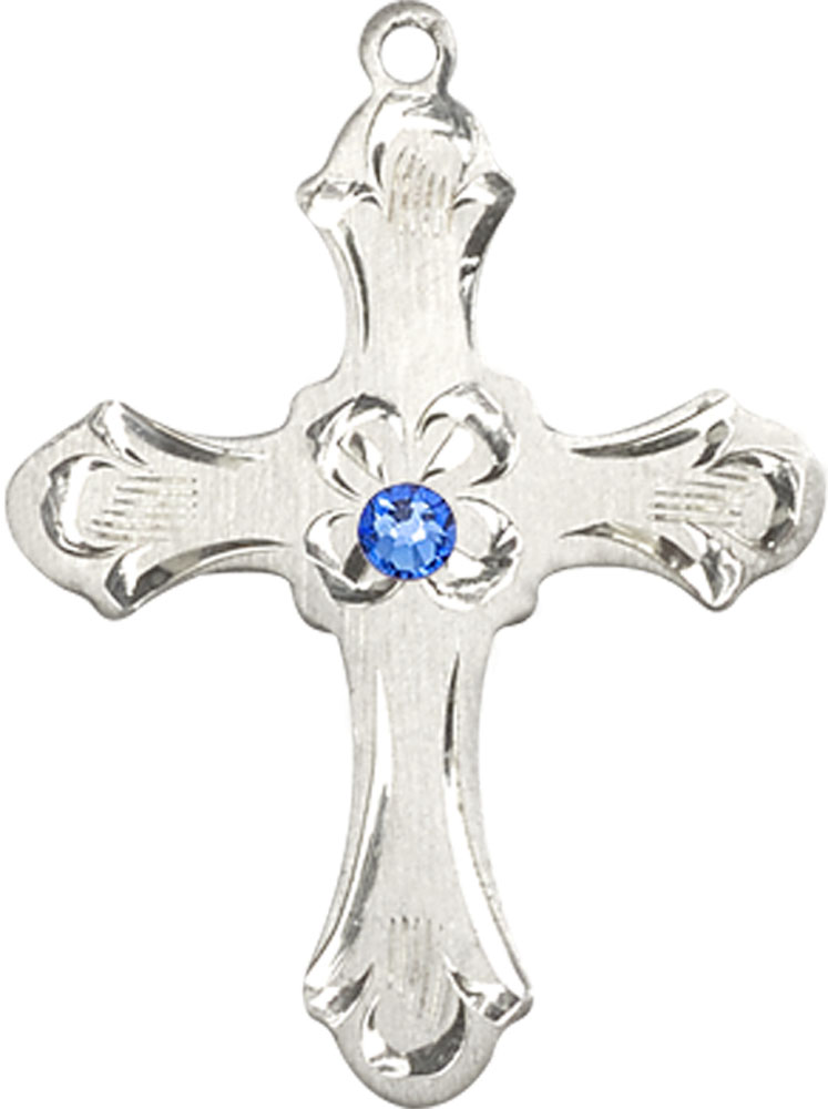 Sterling Silver Cross Medal with a 3mm Sapphire Swarovski stone