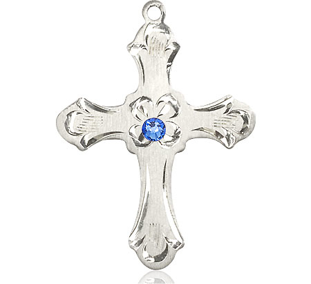 Sterling Silver Cross Medal with a 3mm Sapphire Swarovski stone