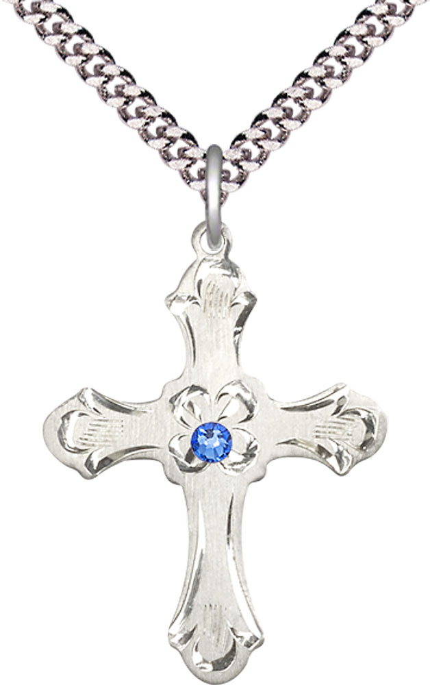 Sterling Silver Cross Pendant with a 3mm Sapphire Swarovski stone on a 24 inch Light Rhodium Heavy Curb chain