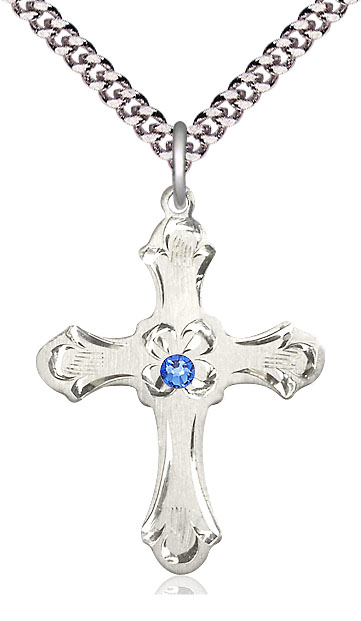 Sterling Silver Cross Pendant with a 3mm Sapphire Swarovski stone on a 24 inch Light Rhodium Heavy Curb chain