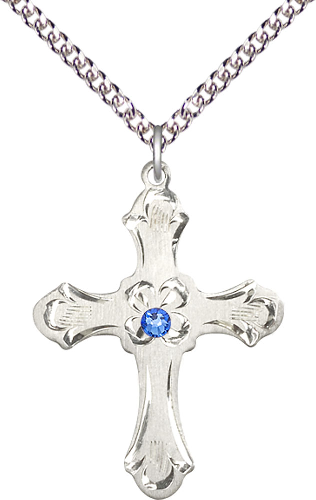 Sterling Silver Cross Pendant with a 3mm Sapphire Swarovski stone on a 24 inch Sterling Silver Heavy Curb chain