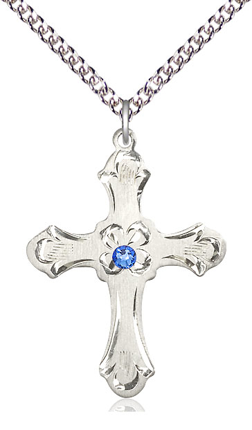 Sterling Silver Cross Pendant with a 3mm Sapphire Swarovski stone on a 24 inch Sterling Silver Heavy Curb chain