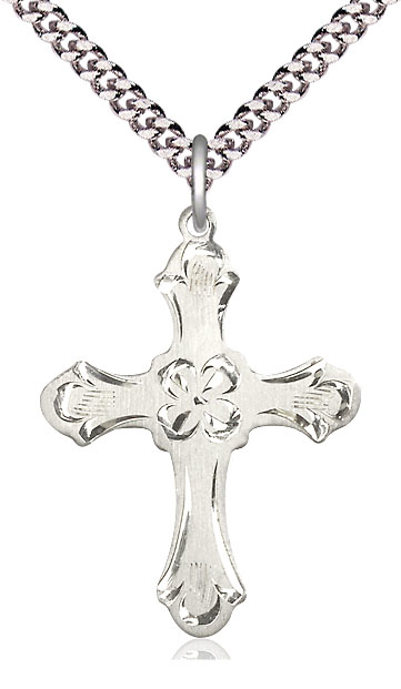 Sterling Silver Cross Pendant on a 24 inch Light Rhodium Heavy Curb chain