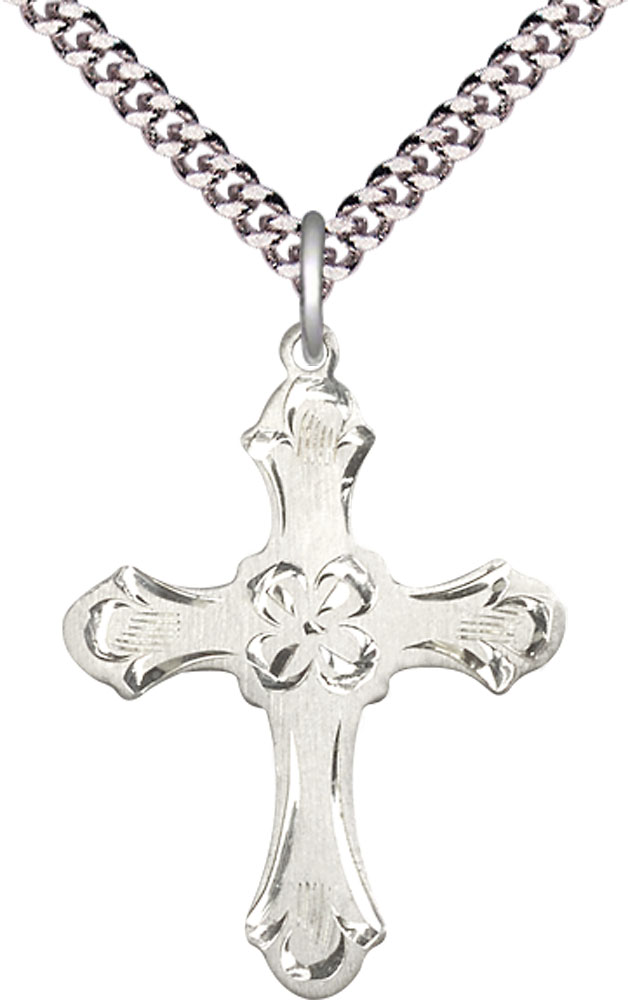 Sterling Silver Cross Pendant on a 24 inch Light Rhodium Heavy Curb chain