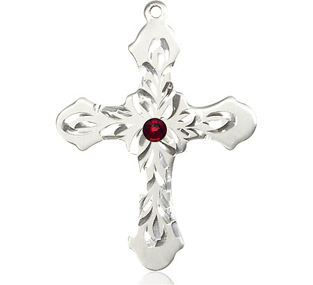 Sterling Silver Cross Medal with a 3mm Garnet Swarovski stone