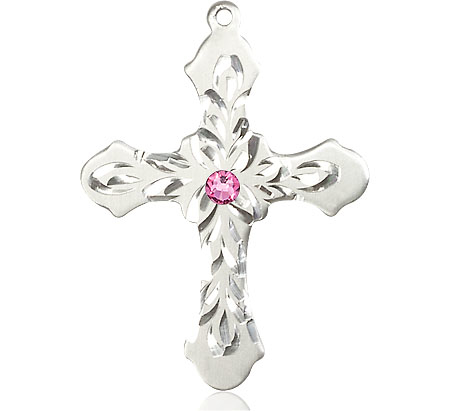 Sterling Silver Cross Medal with a 3mm Rose Swarovski stone