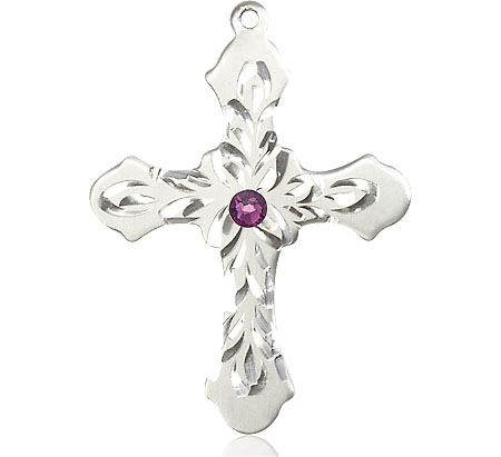 Sterling Silver Cross Medal with a 3mm Amethyst Swarovski stone