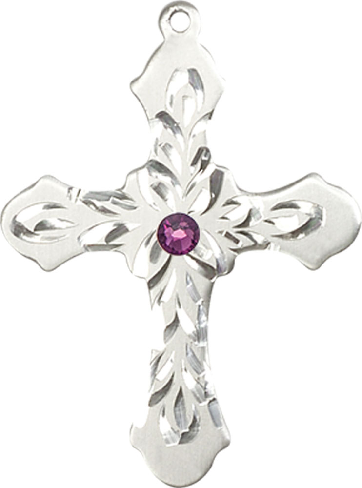 Sterling Silver Cross Medal with a 3mm Amethyst Swarovski stone