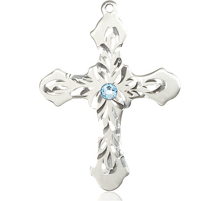 Sterling Silver Cross Medal with a 3mm Aqua Swarovski stone