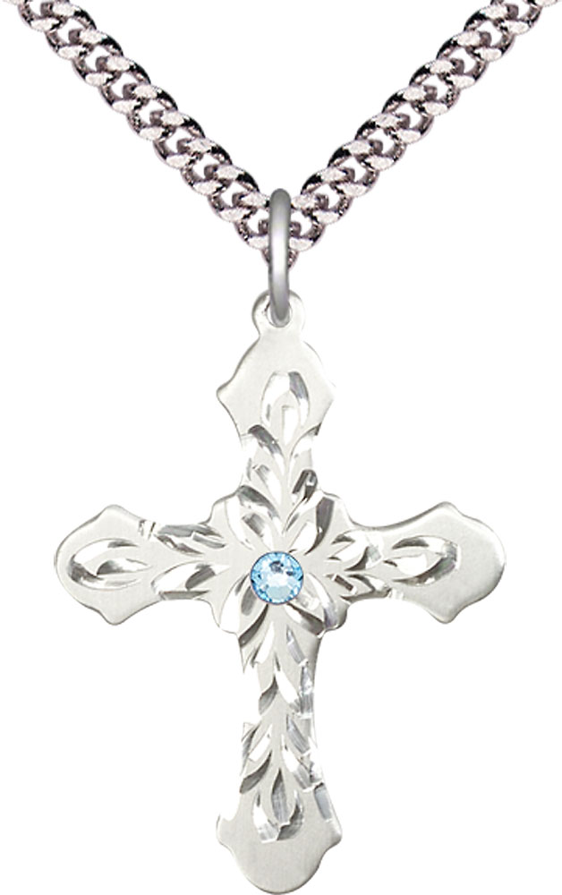 Sterling Silver Cross Pendant with a 3mm Aqua Swarovski stone on a 24 inch Light Rhodium Heavy Curb chain