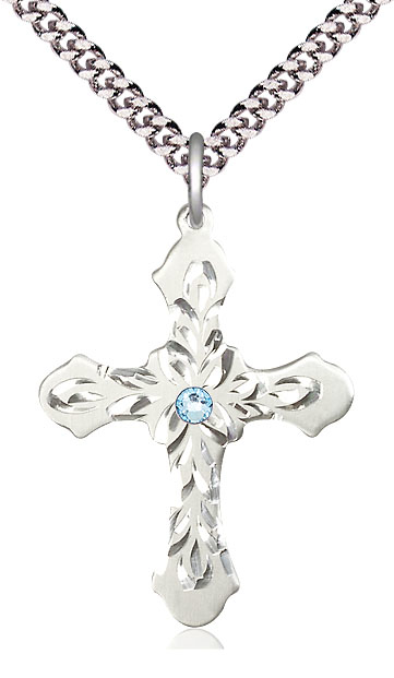 Sterling Silver Cross Pendant with a 3mm Aqua Swarovski stone on a 24 inch Light Rhodium Heavy Curb chain