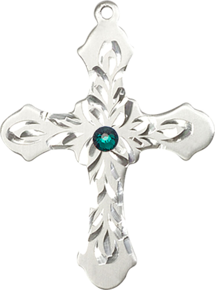 Sterling Silver Cross Medal with a 3mm Emerald Swarovski stone