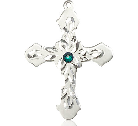 Sterling Silver Cross Medal with a 3mm Emerald Swarovski stone