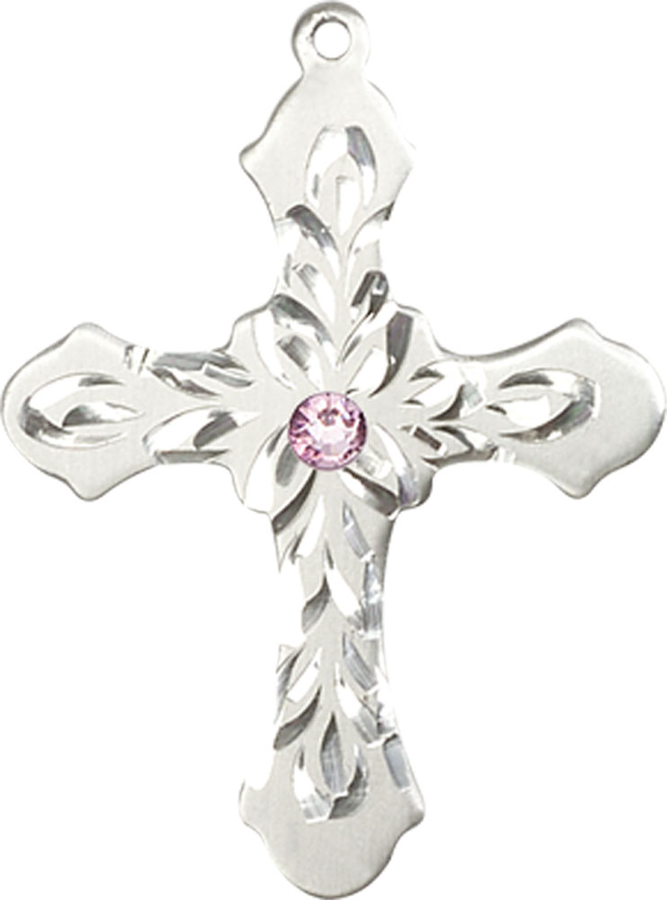 Sterling Silver Cross Medal with a 3mm Light Amethyst Swarovski stone