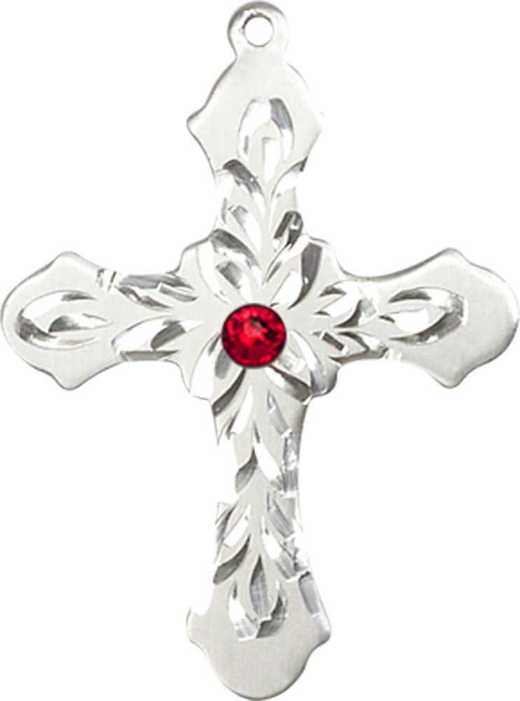 Sterling Silver Cross Medal with a 3mm Ruby Swarovski stone