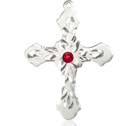 Sterling Silver Cross Medal with a 3mm Ruby Swarovski stone