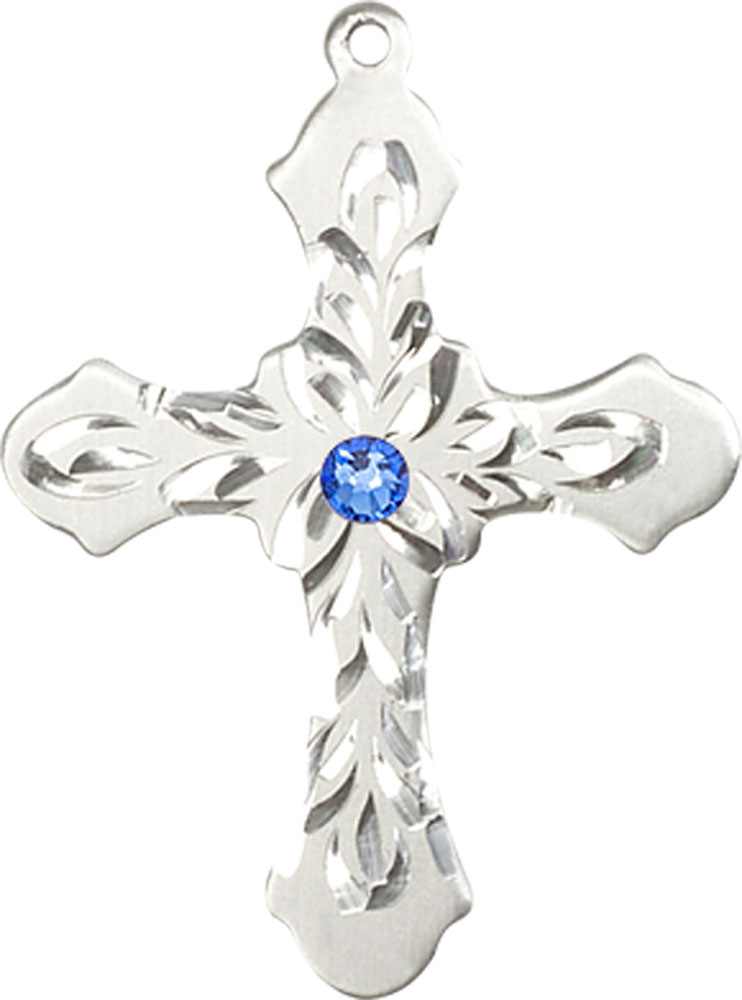 Sterling Silver Cross Medal with a 3mm Sapphire Swarovski stone