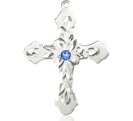 Sterling Silver Cross Medal with a 3mm Sapphire Swarovski stone