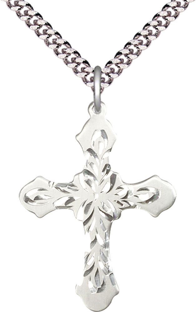 Sterling Silver Cross Pendant on a 24 inch Light Rhodium Heavy Curb chain