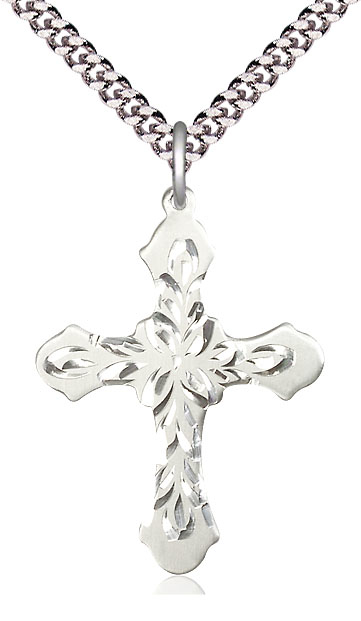 Sterling Silver Cross Pendant on a 24 inch Light Rhodium Heavy Curb chain