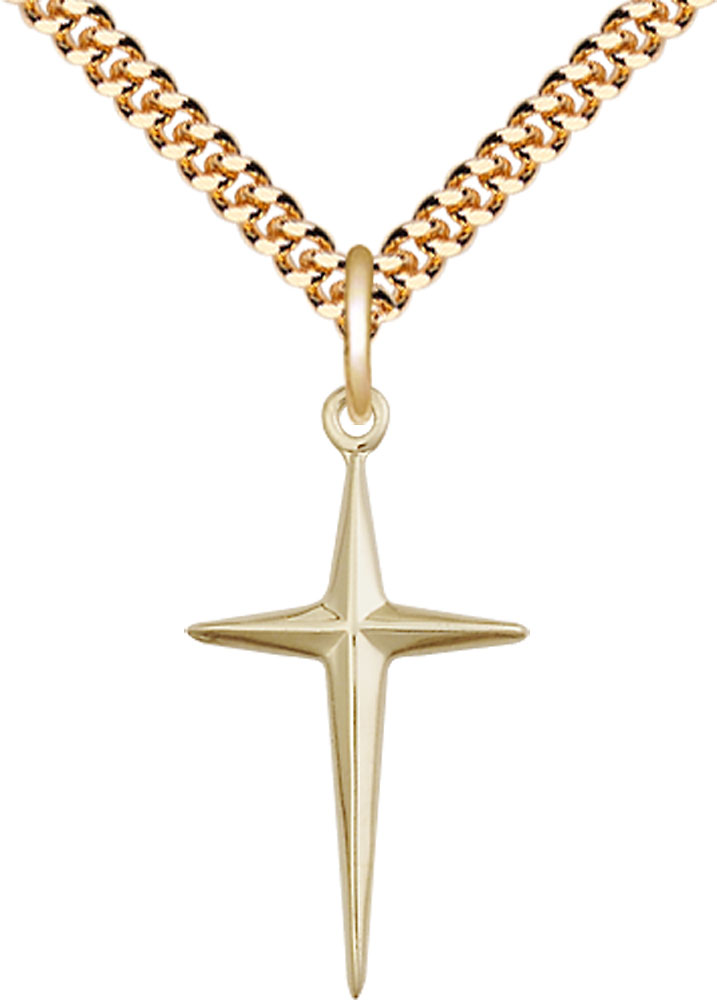 14kt Gold Filled Cross Pendant on a 24 inch Gold Plate Heavy Curb chain