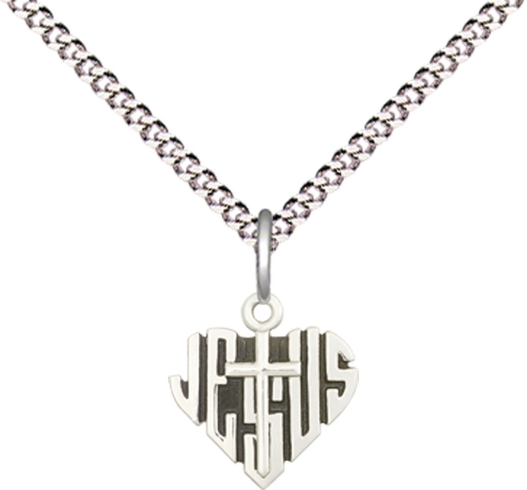 Sterling Silver Heart of Jesus w/Cross Pendant on a 18 inch Light Rhodium Light Curb chain