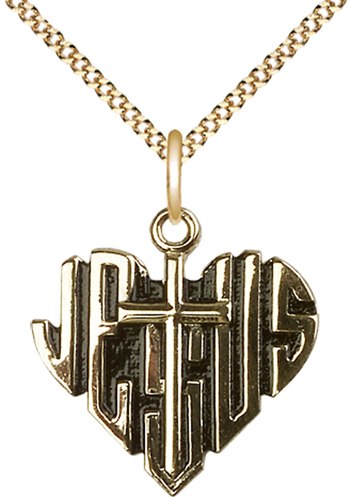 14kt Gold Filled Heart of Jesus w/Cross Pendant on a 18 inch Gold Plate Light Curb chain