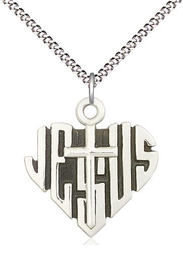 Sterling Silver Heart of Jesus w/Cross Pendant on a 18 inch Light Rhodium Light Curb chain