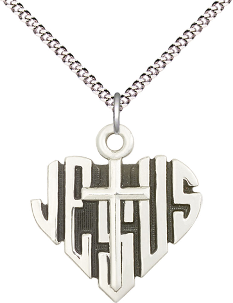 Sterling Silver Heart of Jesus w/Cross Pendant on a 18 inch Light Rhodium Light Curb chain
