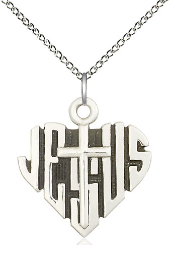 Sterling Silver Heart of Jesus w/Cross Pendant on a 18 inch Sterling Silver Light Curb chain