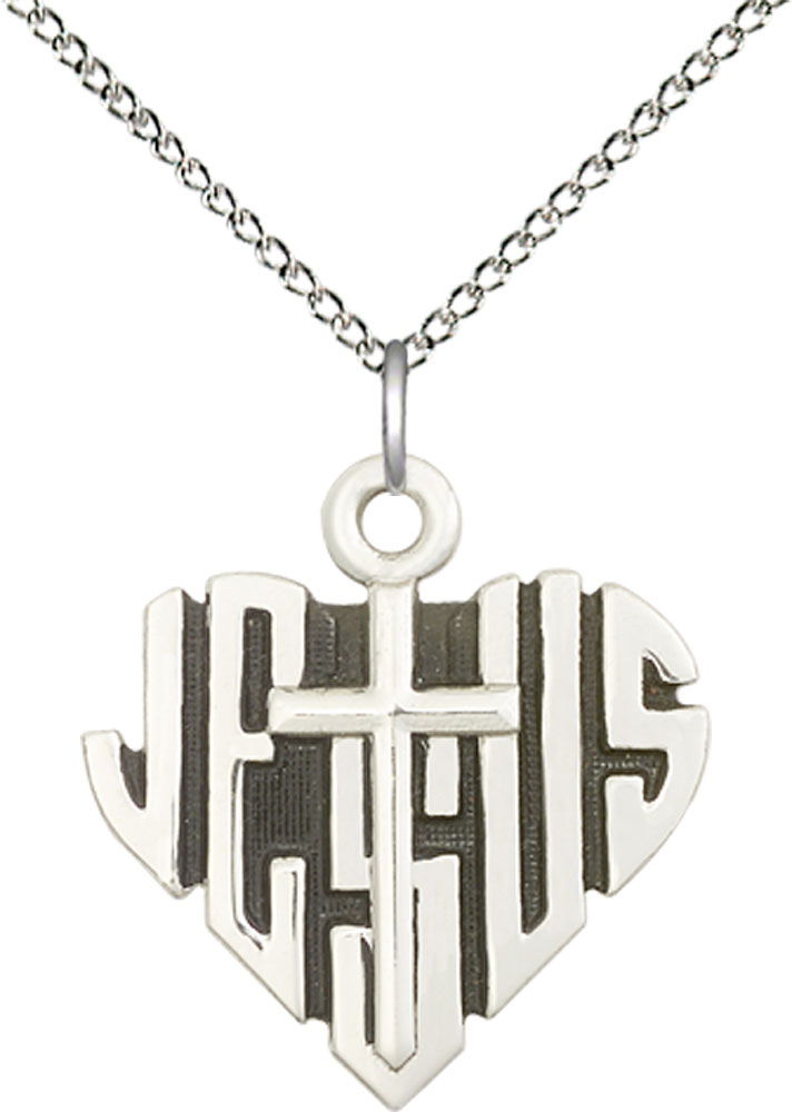 Sterling Silver Heart of Jesus w/Cross Pendant on a 18 inch Sterling Silver Light Curb chain