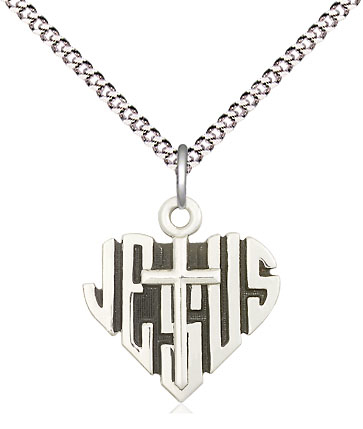 Sterling Silver Heart of Jesus w/Cross Pendant on a 18 inch Light Rhodium Light Curb chain