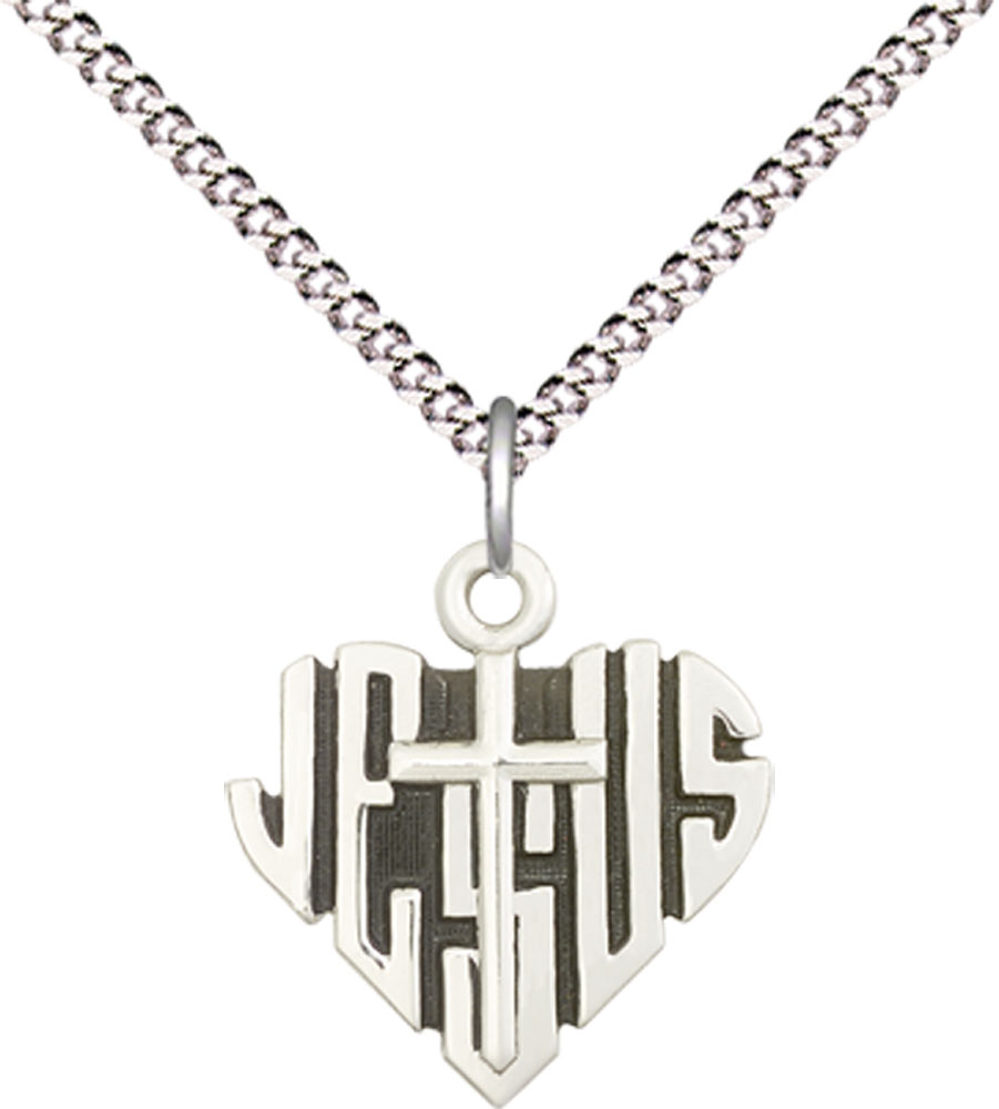 Sterling Silver Heart of Jesus w/Cross Pendant on a 18 inch Light Rhodium Light Curb chain