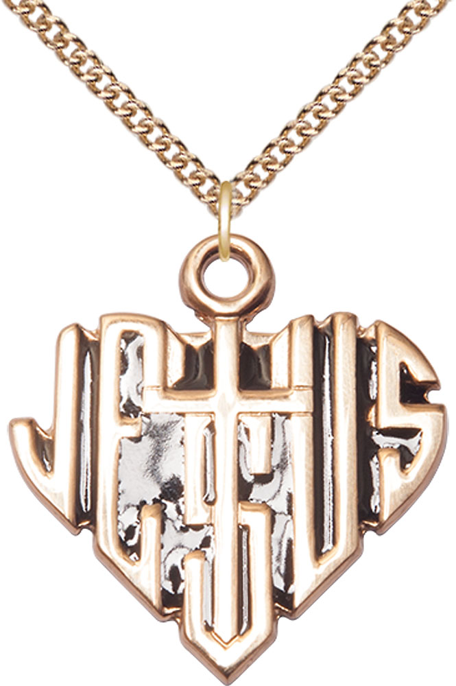 14kt Gold Filled Heart of Jesus w/Cross Pendant on a 24 inch Gold Filled Heavy Curb chain