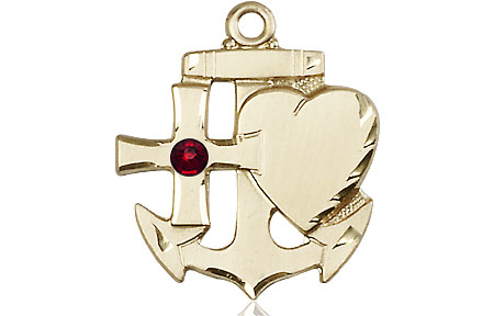 14kt Gold Filled Faith, Hope &amp; Charity Medal with a 3mm Garnet Swarovski stone