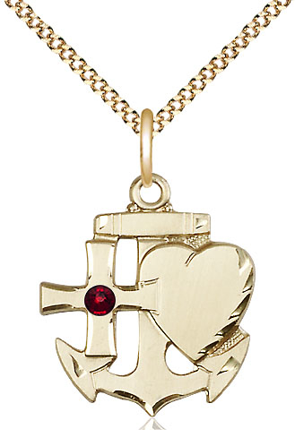 14kt Gold Filled Faith, Hope &amp; Charity Pendant with a 3mm Garnet Swarovski stone on a 18 inch Gold Plate Light Curb chain