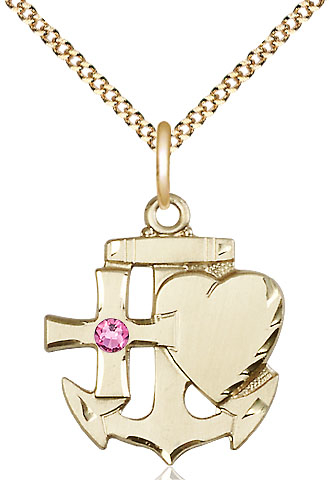 14kt Gold Filled Faith, Hope &amp; Charity Pendant with a 3mm Rose Swarovski stone on a 18 inch Gold Plate Light Curb chain